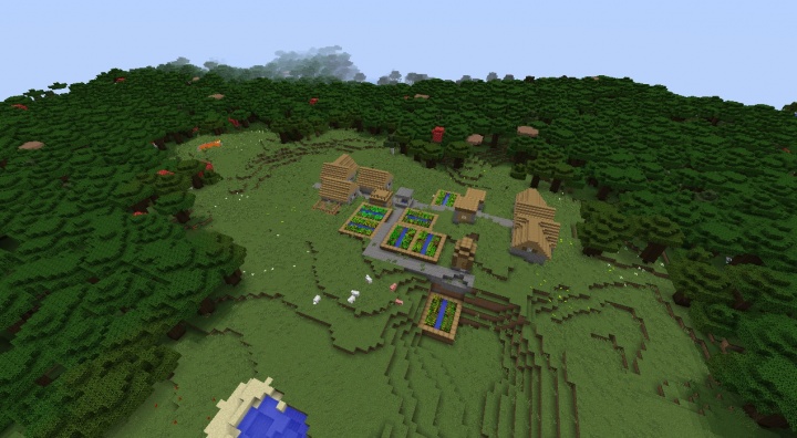 Minecraft 1.8.3 roofed forest seed surrounded deep forest giant mushrooms trees monsters.jpg
