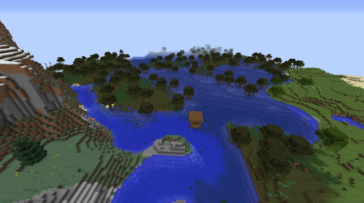 Minecraft 1.8.3 swampland seed with witches hut at spawn behind you.jpg