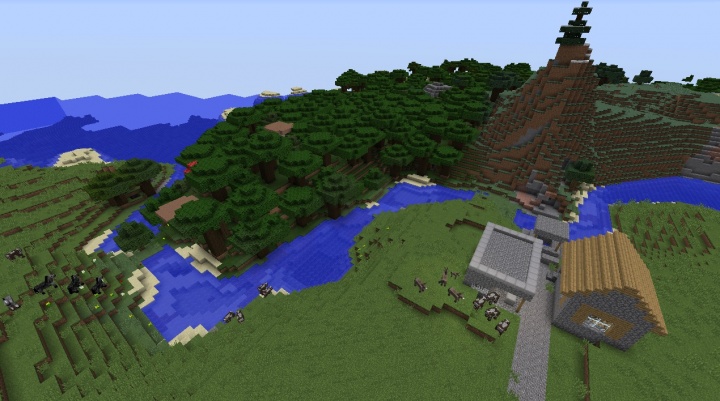 Minecraft 1.8.3 roofed forest seed with giant mushrooms cows horses small tiny village.jpg