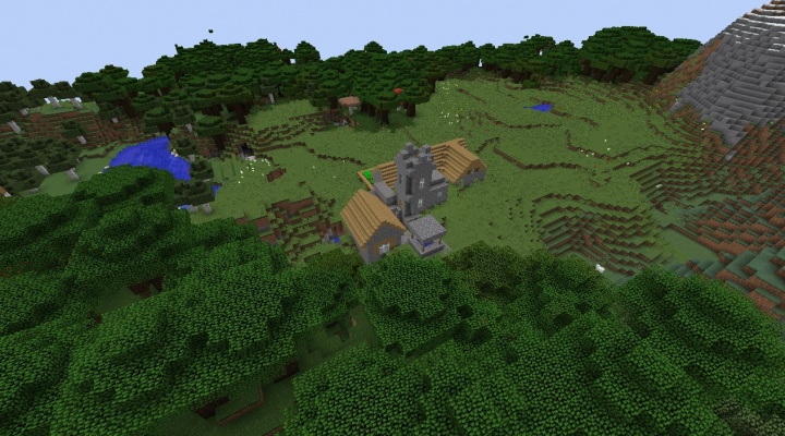 Minecraft roofed forest seed 1.8.3 village hidden in trees forest river mountain hills lake.jpg